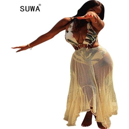 High Quality printing summer beach style women sexy 2 piece sets deep v neck bodycon bodysuit + long maxi skirts evening party