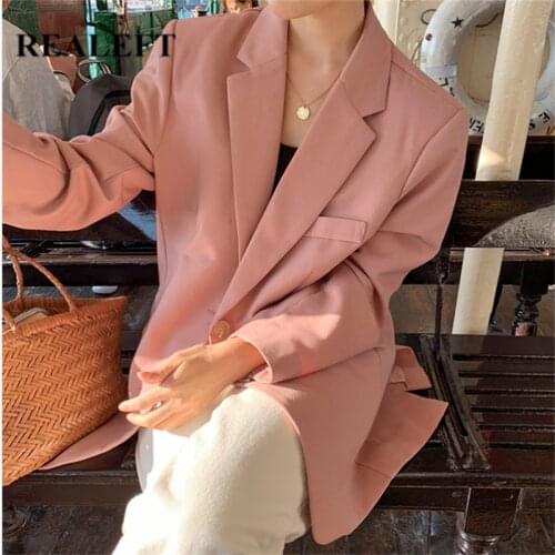 REALEFT Vintage Single Breasted Ladies Blazer Elegant Long Sleeve Solid Color Pink Suit Coat Jacket Women Blazers Female 2021