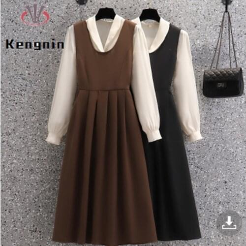 2021 Autumn French Chic Women Dress Set Loose Oversize Pleated Tank Dress + Chiffon Long Sleeve Shirts Two Piece Lady Set KE1778