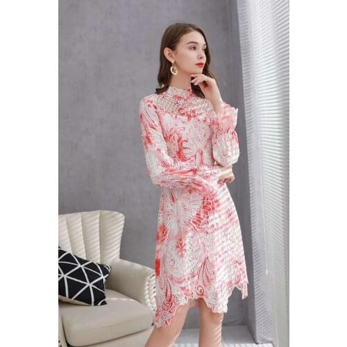 5XL Dress Vestidos De Festa 2020 Autumn Party Cocktail Women Hollow Out Lace Embroidery Long Sleeve Sexy Asymmetrical Dress 4XL