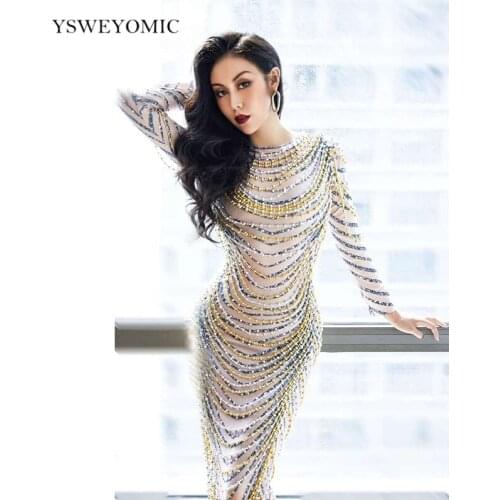 2020 Stage Wear Silver Gold Rhinestone Beaded Long Dress Birthday Bar Spandex Outfit Dress Women Dancer Show Prom Party Dress