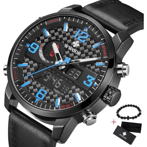 New WWOOR Mens Watches Top Luxury Brand Men Leather Sports Mens Quartz LED Digital Clock Military Wrist Watch Free gift relogio