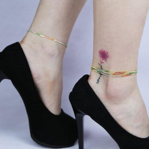 Beautiful rainbow zircon cz stone paved 2mm tennis chain anklet with gold plate Women anklet bracelet foot jewelry wholesale