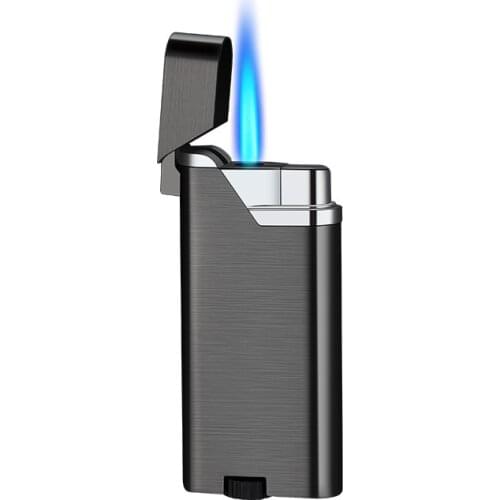 Metal inflatable open cover press straight blue flame windproof lighter ultra thin creative customized lighter