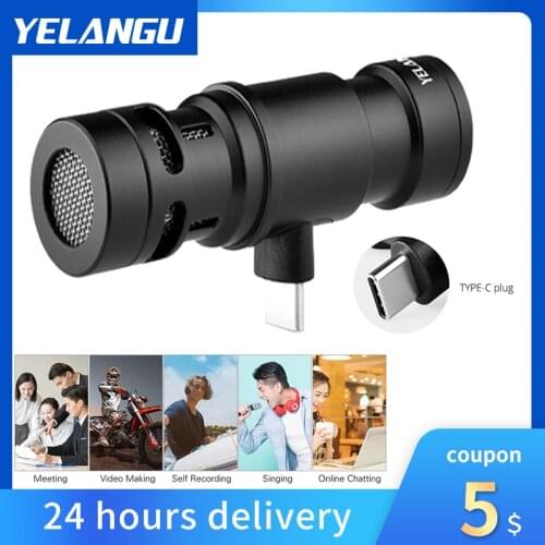 YELANGU Plug-on Type-C Smartphone Microphone Video Mic with 3.5mm Monitor Interface Windscreen for Smartphone Video Record