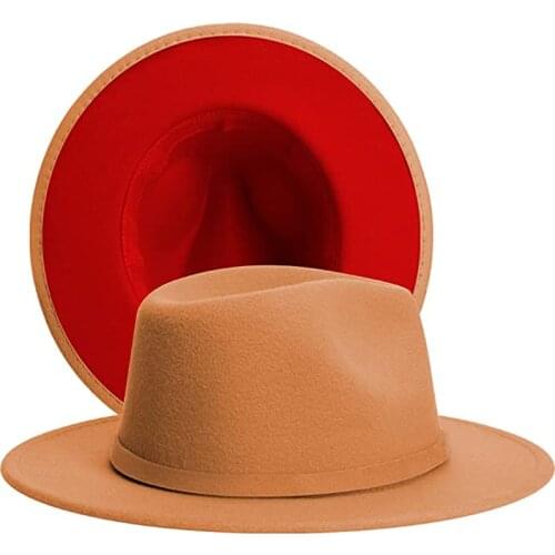 QBHAT 2020 New Unisex Camel Red Patchwork Felt Jazz Hat Cap Men Women Flat Brim Wool Blend Fedora Hats Panama Trilby Vintage Hat