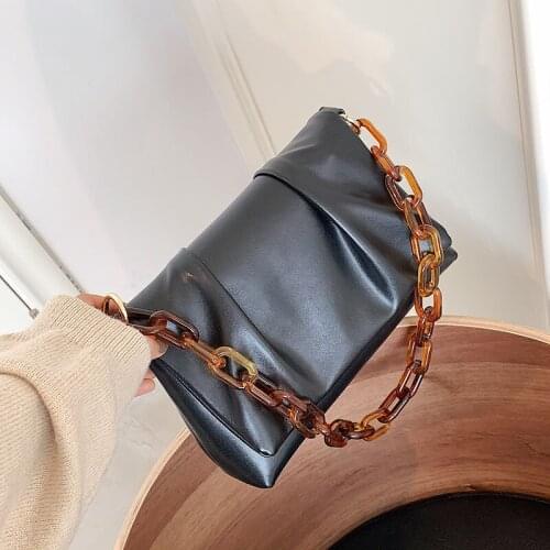 Fashion Pleated Handbags For Women Solid Color Cloud Bags Pu Leather Armpit Bag Acrylic Chain Shoulder Purse Lady Shopping Bag