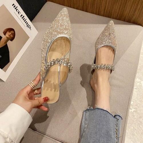 2021 New Womens Rhinestone Chain Closed Toe Half Slippers Spring Autumn Fairy Flat Heels Suede Strap Outside Wear for Girls