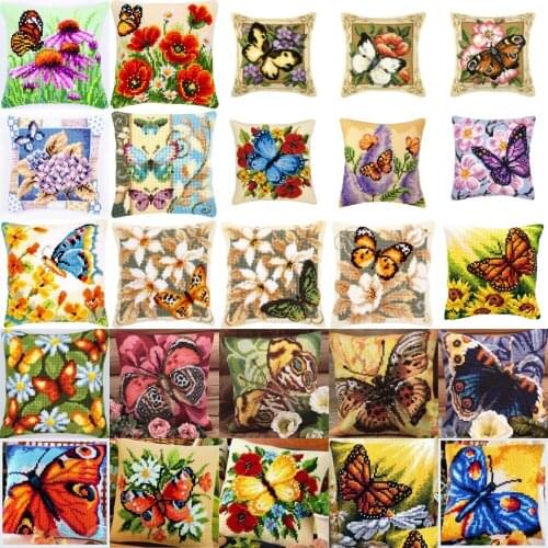 TH 25 butterfly NEW DIY Needlework Kit Acrylic Yarn Embroidery Pillow Tapestry Canvas Cushion Front Cross Stitch Pillowcase