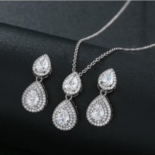 WEIMANJINGDIAN New Arrival Halo Pear Cut Cubic Zirconia CZ Crystal Necklace and Earring Bridal Wedding Bridesmaid Jewelry Set