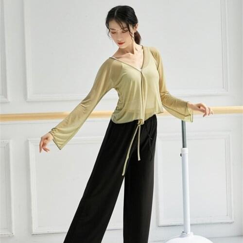 Ballet Dance Practice Clothes Women Long Sleeve Mesh Shirt Sexy Transparent Classical Dance Gauze Body Rhyme Top Plus Size