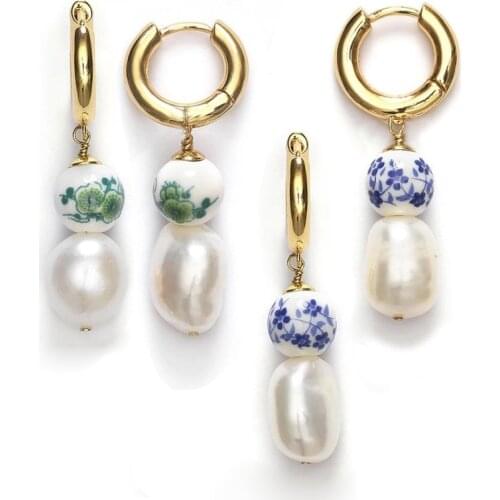 Stainless steel hoop MISMATCHED PEARL STONE Drop Baroque EARRINGS for women green Blue freshwater pearl Heloise beads Earring