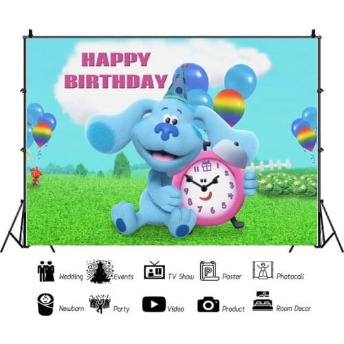 Blues Clues Photography Backdrop Baby Shower Boy Birthday Background Blue Dog Clock Color Balloons Vinyl Photo Studio Props