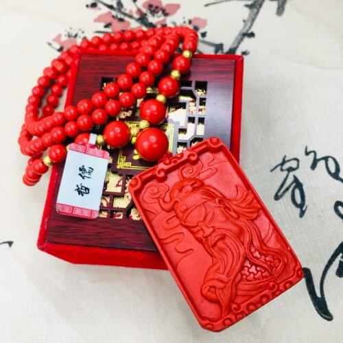 Zheru Jewelry Natural Cinnabar Carving Retro Guan Gong Pendant with Tri-Color Bead Necklace Men and Women Sweater Chain