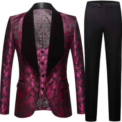 Mens Fashion Big Shawl Lapel 3 Pieces Set Pink Red Blue White Black Wedding Groom Suits Quality Jacquard Banquet Tuxedo
