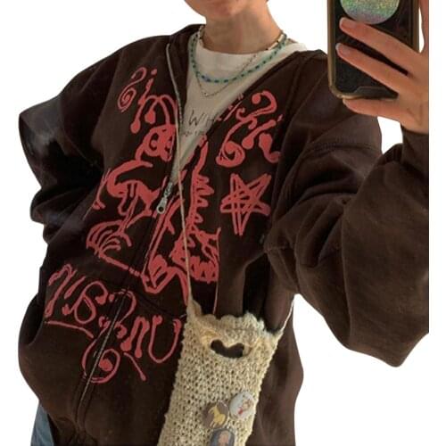 Womens Zip Up Hoodie Jacket Graffiti Print Long Sleeve Hooded Cardigan with Pockets Spring Autumn Ladies Oversized Sweatshirts