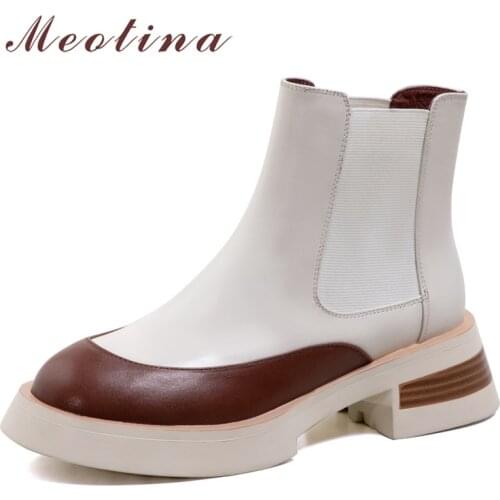 Meotina Women Shoes Genuine Leather Chelsea Boots Round Toe Ankle Boots Thick Med Heel Ladies Footwear 2021 Autumn Winter Beige