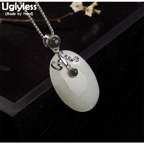 Uglyless Real Solid 925 Sterling Silver Natural White Jade Pendants for Women Gemstones Fine Jewelry Handmade Necklaces NO Chain
