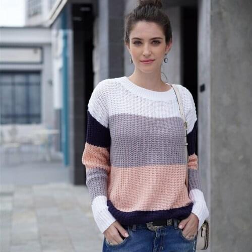 Ladies Full Sleeve Women Knitted Sweater Striped Soft O-Neck Pullover and Jumper Loose Ribbed Winter Autumn Sweater Women 2020