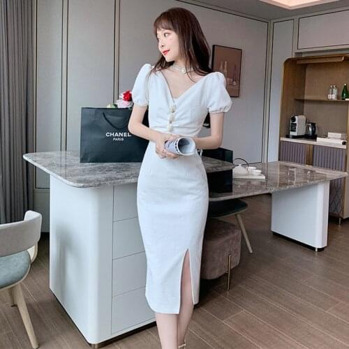 Fashion French Vintage Puff Sleeve V-Neck Midi Party Dress Ladies Elegant Coffee Break Embossing Floral Folds Split Pencil Dress