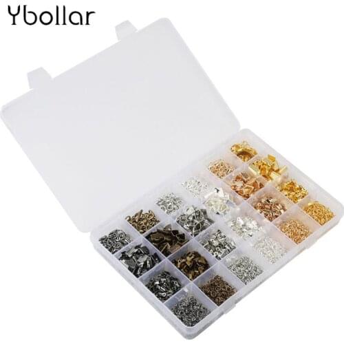 1 Box Jewelry Findings Fold Over Cord End Crimps Ribbon Clamps Jump Rings Lobster Clasps Kit 6 Colors For Necklace Bracelet