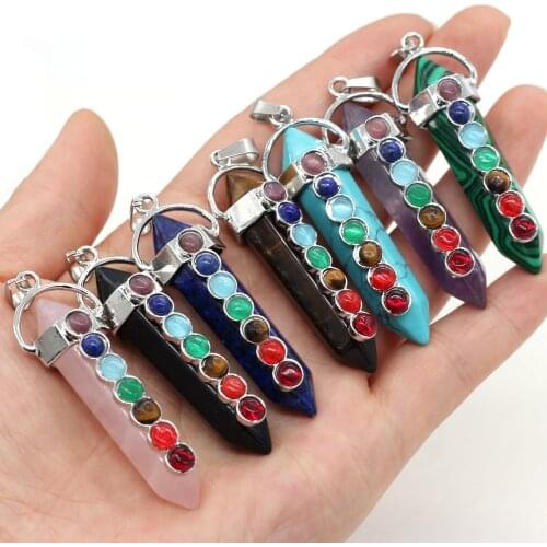 1pcs Natural Stone 7 Chakra Reiki Heal Crystal Column Rainbow /Rose Quartzs Pendant For Earring Necklace Jewelry Making 18x55mm