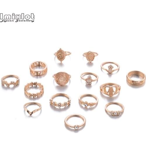15pcs/set Bohemian Vintage Beauty Head Heart Fatima Hand Geometric Crystal Ring Set Women Charm Joint Ring Party Wedding Jewelry