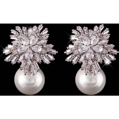 2016 Fashion Red/White Pearl Pendant Pearl shell Stud Earrings For Girls Gift Luxury Crystal AAA+CZ Earring Fine Jewelry