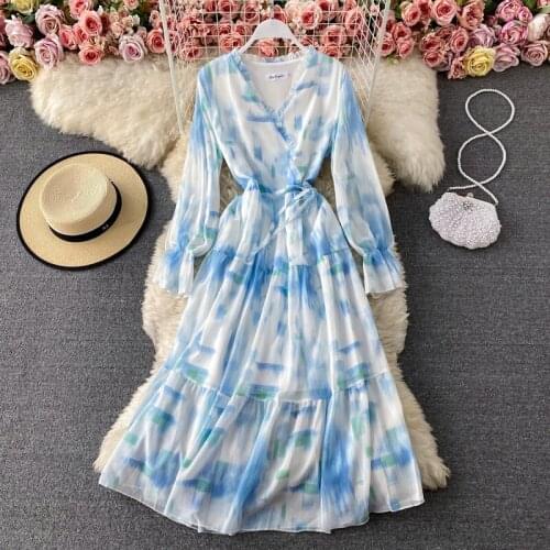 2021 Bohemian Retro Printed Women Dress V-neck Sexy Long Sleeve Chiffon Long Dress Autumn Spring Vestidos