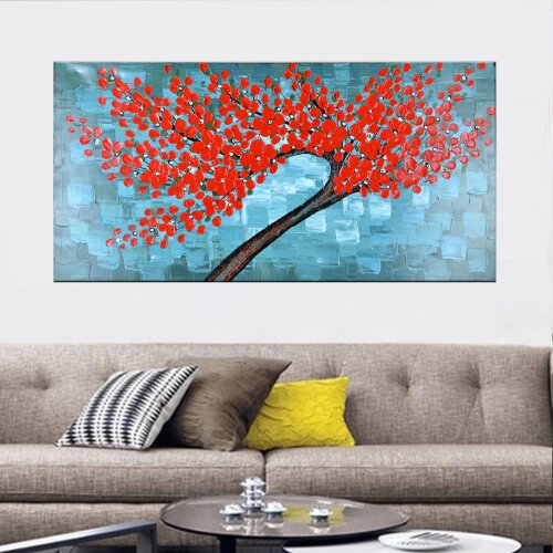 Abstract Lucky Life Tree Canvas Painting Plant Wall Art Print Red Flower Poster Canvas Art Wall Pictures for Living Room Decor