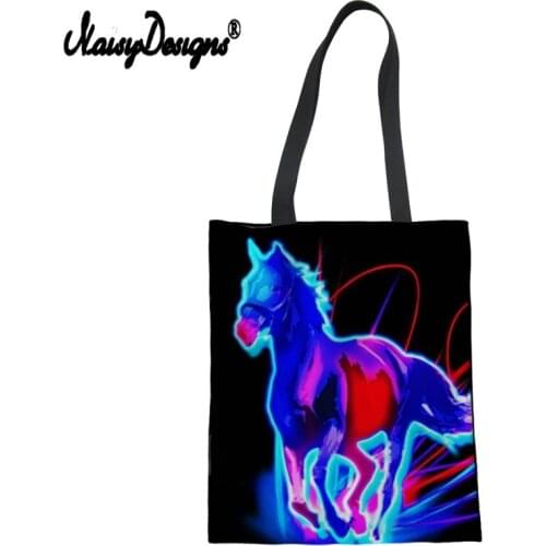 NOISYDESIGNS Women Horse Paint Foldable Shopping Bag Portable ECO Canvas Handbag Pouch Travel Bag Accessories Supplies