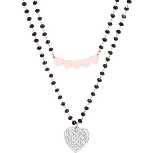 Fashion Stainless Steel Double-layered Beads Chain Necklace Rose Gold Heart Pendant Necklace For Women Jewelry Punk Gift