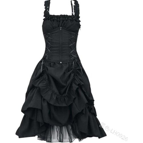Black Gothic lace-up Corset Dress Lolita festival clothing sexy strap sleeveless square collar asymmetrical hem party dress