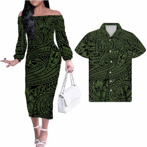 HYCOOL Hycool Polynesian Tribal Design Green Print Sets Of Couples Half Shoulder Dresses And Mens Shirts Wholesale Casual Outfit