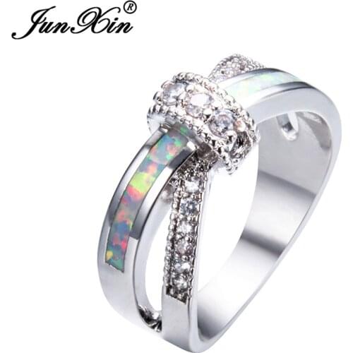 JUNXIN Fashion Female Pink Blue Fire Opal Ring White Gold Filled Jewelry Vintage Party Engagement Wedding Rings For Women