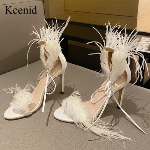 Kcenid New Sexy White Black Feather Sandals For Women Thin High Heels Lace Up Dance Shoes ladies Sandals Party Pumps Size 35-42
