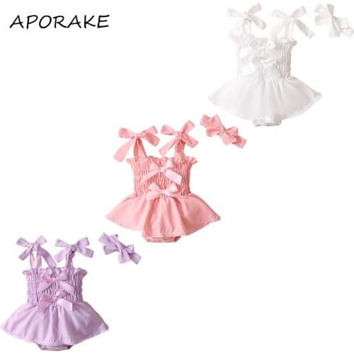 2021 0-18M Summer Infant Baby Girl Jumpsuit Dress Cute Bow Pink/White/Purple Solid Sleeveless Pleated Slim Romper Dress+Headband