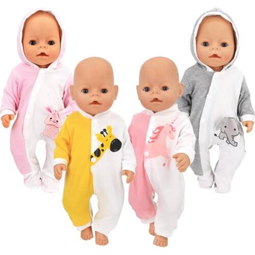 Doll Clothes Animal Onesies with Hats Pajamas Outfits, fit for 18 inch American Doll Girl New Born Baby Zapf Dolls Accessories