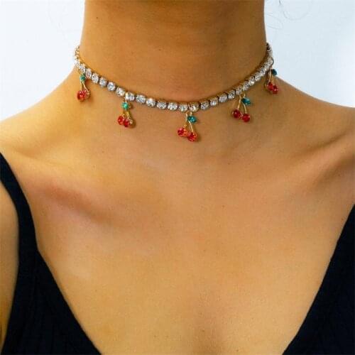 Cute Crystal Cherry Pendant Necklaces For Women Girls Fashion Fruit Charms Rhinestone Choker Jewelry Party Gifts