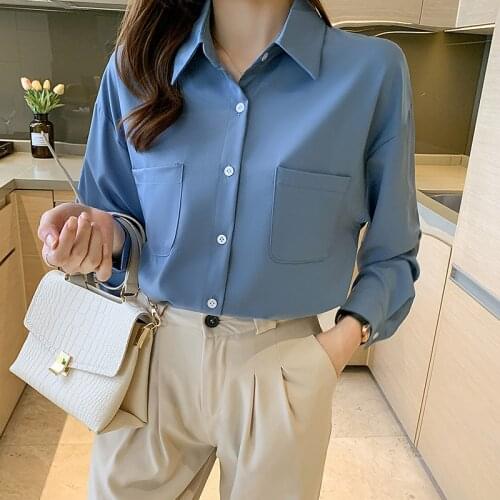 2021 Early Autumn New Black Solid Color Chiffon Shirt Lazy Style Blue Long Drop Sleeves Design Top Pockets Casual Shirts