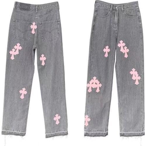 New Leather Pink Cross Jeans For Men/Women 2021 Y2k High Street Jeans Straight Stacked Pants Denim Moto Trousers Mujer