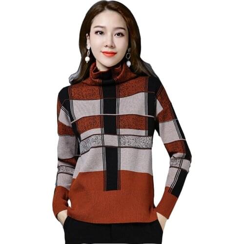New Autumn Women Sweater Vintage Pullover Patchwork Turtleneck Sweaters Long Sleeve Female Jumper Knitted Sweater Tops C-3