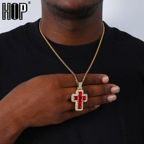 Hip Hop Red Crystal Cross Iced Out Bling Cubic Zircon AAA+ CZ Necklaces & Pendants For Men Women Jewelry With Solid Back