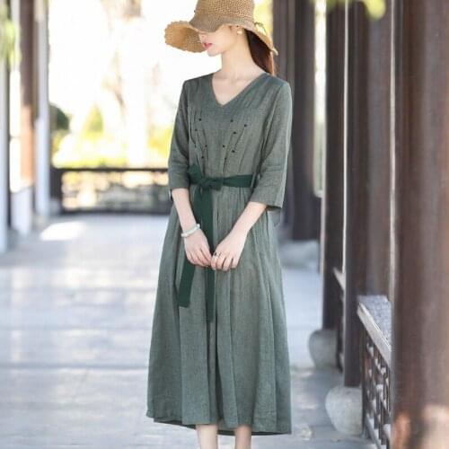 QPFJQD Ladies Cotton Linen Dresses V-Neck Three Quarter Sleeve 2021 Autumn Summer Female Embroidery Belt Dress Solid Color
