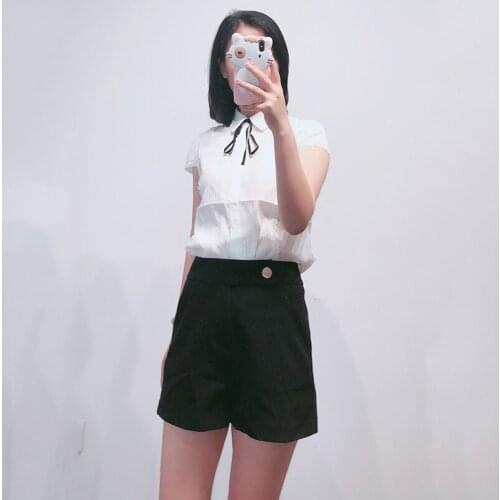 Patads American spring and summer Ao sweet commuter college style Lapel lace pleated Short Sleeve Silk Shirt