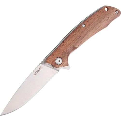 MASALONG kni217 Folding Knife with D2 Steel Blade Walnut wood Handle Clip Pocket Knife