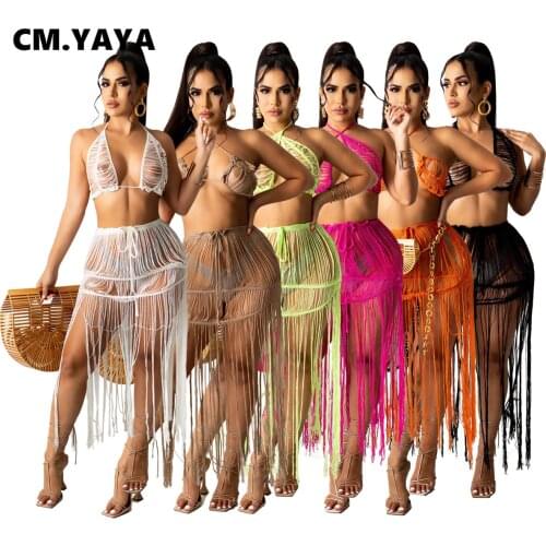 CM.YAYA Women Summer Beach Ribbed Two 2 Piece Set Swimsuit Tassel Knitted See Though Skirts Set Sweatwear Outfits