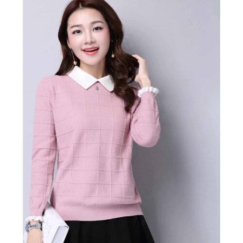 Plus Size Sweater Pull Femme 2019 Autumn Winter Solid Knitted Pullover Long Sleeve Doll Collar Knitwear Jumper