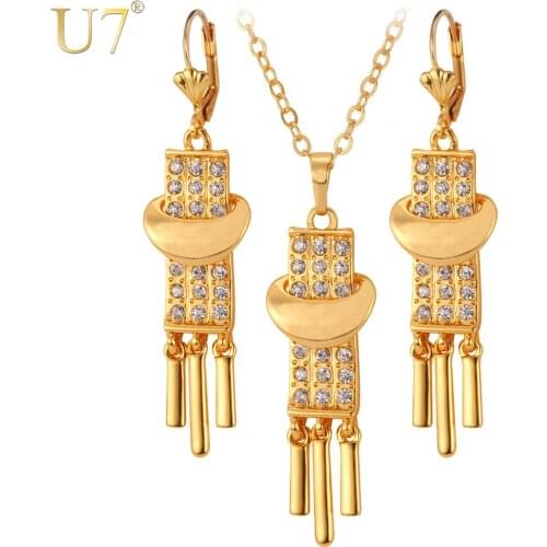 U7 Necklace Set Trendy Gold Color Rhinestone Trendy Party Jewelry Tassels Necklace Earrings Jewelry Sets Women S484