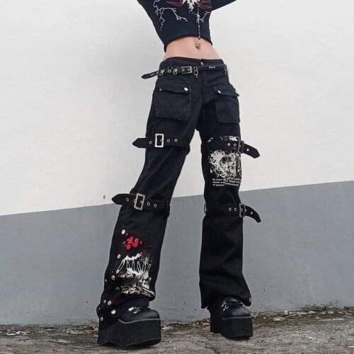 Street trend punk high waist jeans women 2021 Europe and America new Y2K gothic print metal buckle tooling denim trousers
